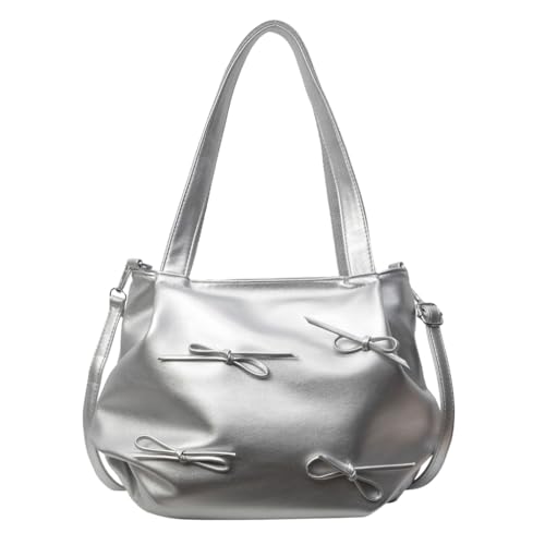 Sxett Damen-Umhängetasche, niedlich, kleine Schleife, modische Handtasche mit Tragegriff oben, PU-Leder, Kuriertasche für Party, silber von Sxett