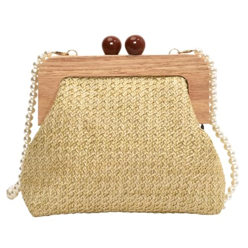 Sxett Damen-Umhängetasche aus gewebtem Stroh, Holzclip, kleine Umhängetasche, Strandtasche mit Perlenkette, khaki von Sxett