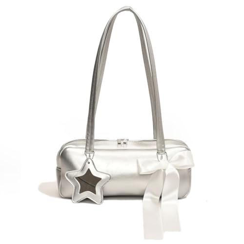 Sxett Elegante Handtasche aus PU-Leder mit Schleife, Sternanhänger, Hobo-Tasche, lässige Schultertasche, perfekt für verschiedene Anlässe, silber von Sxett