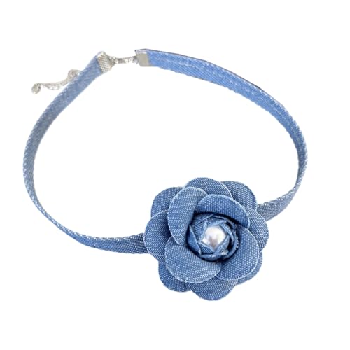 Sxett Elegante blaue Denim-Blumen-Halskette, 3D-Blumen-Kragen, Schnürung, Choker-Halsketten, trendiges Schlüsselbein-Ketten-Schmuck, Wie beschrieben von Sxett