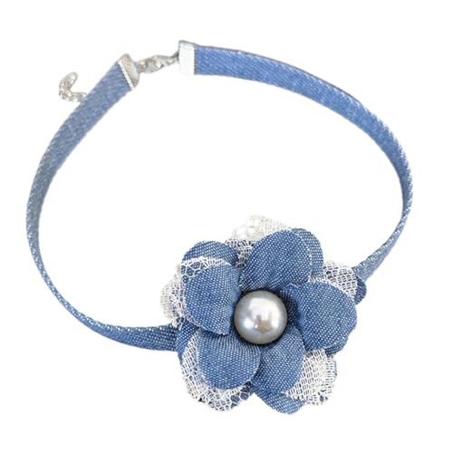 Sxett Elegante blaue Denim-Blumen-Halskette, 3D-Blumen-Kragen, Schnürung, Choker-Halsketten, trendiges Schlüsselbein-Ketten-Schmuck, Wie beschrieben von Sxett