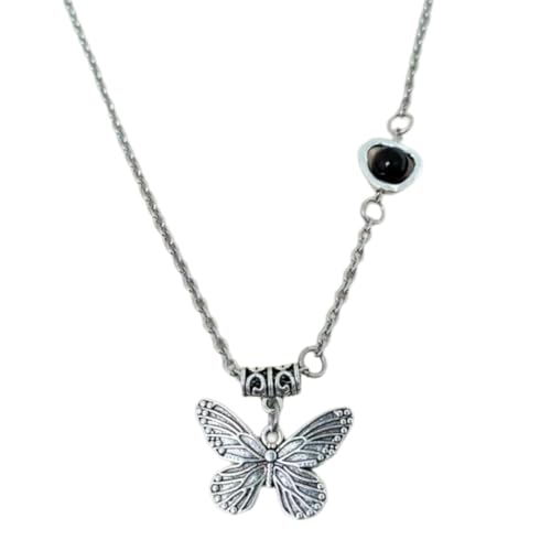 Sxett Halskette mit schwarzen Herzperlen und Schmetterlingen, handgefertigt, stilvolles und einzigartiges Halsband, Schmuck für Damen, Wie beschrieben von Sxett