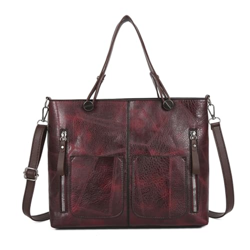 Sxett PU-Leder-Handtasche für Damen, große Kapazität, Arbeits-Umhängetasche, lässige Crossbody-Tasche mit Doppeltasche und Tragegriff oben, burgunderfarben von Sxett