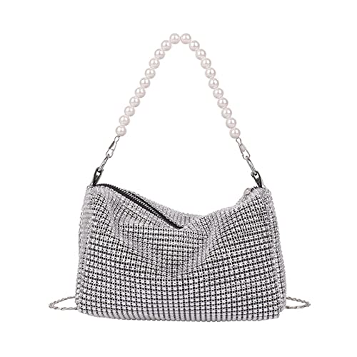 Sxett Schöne Handtasche mit Strasssteinen, Unterarmtasche, Perlenkette, Schultertasche, Umhängetasche, für Reisekette, silber, One Size Sxett Schöne Handtasche mit Strasssteinen, Unterarmtasche, Perlenkette, Schultertasche, Umhängetasche, für Reisekette, silber, One Size von Sxett