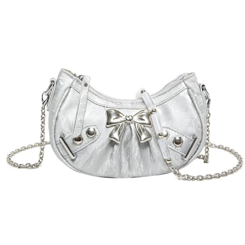 Sxett Süße Schleifen-Umhängetasche für Damen, Kettenriemen, Kuriertasche, weibliche Crossbody-Tasche, silber von Sxett