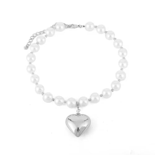 Sxett Übertriebene Perlen-Halskette, große CCB-Kugel-Perlenkette, personalisierbarer Herz-Anhänger, mehrschichtige Halskette für Damen, Style 4, Zink von Sxett