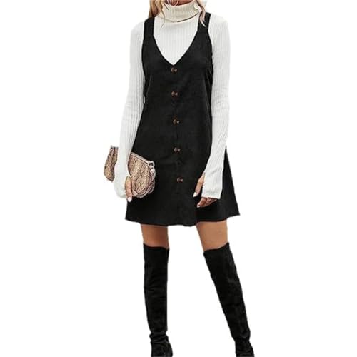 Sxett Vielseitiges Cordkleid, V-Ausschnitt, Overall-Kleid, geeignet für modebewusste Frauen, Profis und Studenten, Schwarz, Schwarz , XL-XXL von Sxett