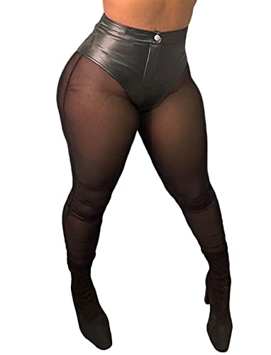 Sxglamr Durchsichtige Damen-Leggings, sexy, elastisch, Bleistift-Hose, schwarzes Netzgewebe, hohe Taille, lässige Strumpfhose, Schwarz Leder, XX-Large Sxglamr Durchsichtige Damen-Leggings, sexy, elastisch, Bleistift-Hose, schwarzes Netzgewebe, hohe Taille, lässige Strumpfhose, Schwarz Leder, XX-Large von Sxglamr