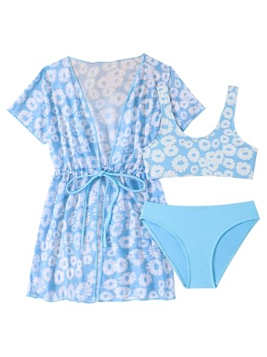 Sxiwei 3-teilige Mädchen Bikini Set Kinder Badebekleidung Tankini mit Rock Strandkleid Sommer Strand Schwimmen Kostüm Blau 146-152 von Sxiwei