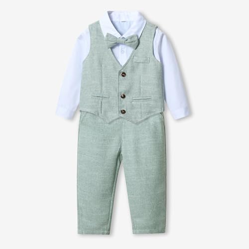 Sxiwei Baby Junge Taufe Anzug 4 Stück Langarm Revers Fliege Tops mit Weste und Hosen Gentleman Festliche Outfit Himmelblau 74-80 von Sxiwei