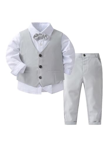 Sxiwei Baby Jungen Gentleman Kleidung Kleikind Festliches Formelle Anzug Smoking Weste und Hemd und Hose und Fliege Für Taufe Hochzeit Grau 86-92 von Sxiwei