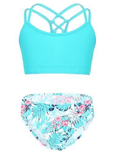 Sxiwei Badeanzug für Mädchen Blumendruck Bikini-Set 2 Teiliger Bademode Tanktop + Triangel Badeshorts Kinder Schwimmkleidung Blatt 134-140 von Sxiwei