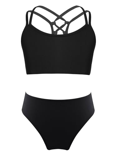 Sxiwei Badeanzug für Mädchen Blumendruck Bikini-Set 2 Teiliger Bademode Tanktop + Triangel Badeshorts Kinder Schwimmkleidung Schwarz 158-164 von Sxiwei