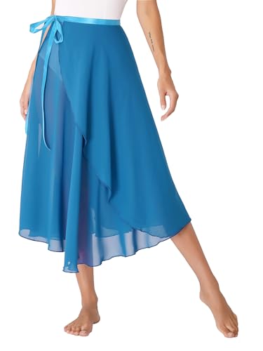 Sxiwei Ballett Wickelrock Damen Chiffon Midi Tanz Röcke Hohe Taille Lange Swing Ballettrock in A-Linie Tango Jazz Kostüm Blauer See Einheitsgröße von Sxiwei