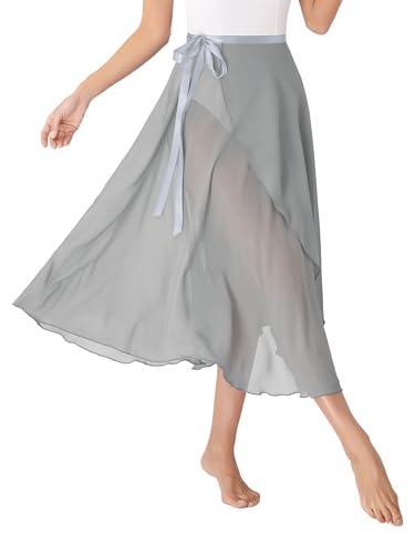 Sxiwei Ballett Wickelrock Damen Chiffon Midi Tanz Röcke Hohe Taille Lange Swing Ballettrock in A-Linie Tango Jazz Kostüm Grau Einheitsgröße von Sxiwei