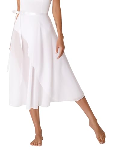 Sxiwei Ballett Wickelrock Damen Chiffon Midi Tanz Röcke Hohe Taille Lange Swing Ballettrock in A-Linie Tango Jazz Kostüm Weiß Einheitsgröße von Sxiwei