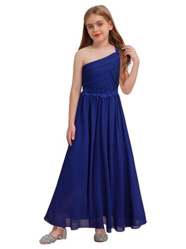 Sxiwei Blumenmädchen Kleid Kinder Mädchen Langes Abendkleid Elegante Eine Schulter Partykleid Prinzessin Festliches Kleid Hochzeit Ballkleid Blau 122-128 von Sxiwei
