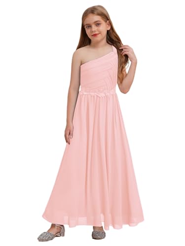 Sxiwei Blumenmädchen Kleid Kinder Mädchen Langes Abendkleid Elegante Eine Schulter Partykleid Prinzessin Festliches Kleid Hochzeit Ballkleid Rosa 122-128 von Sxiwei