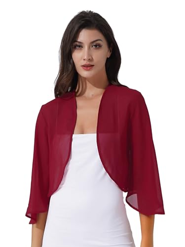 Sxiwei Bolero Damen Festlich Elegant Kurz Strickjacke Bolerojacke Chiffon Jacke 3/4 Ärmel Cardigan Schulterjacke Jäckchen für Abendkleid Burgundy 3XL von Sxiwei