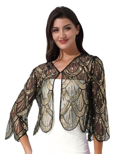 Sxiwei Damen Bolero Spitze Kurze Strickjacke Festlich Kurz Cardigan mit Pailletten Elegant Festlich Blazer Schulterjacke zum Kleid für Hochzeit Gold Einheitsgröße von Sxiwei