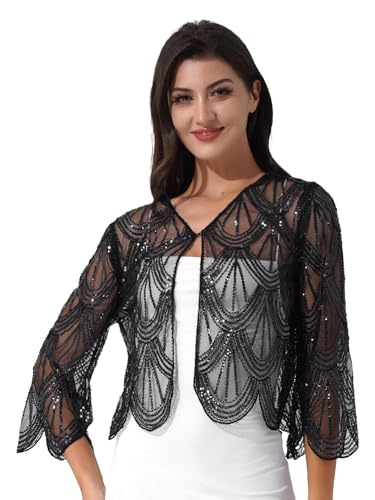 Sxiwei Damen Bolero Spitze Kurze Strickjacke Festlich Kurz Cardigan mit Pailletten Elegant Festlich Blazer Schulterjacke zum Kleid für Hochzeit Schwarz Einheitsgröße von Sxiwei