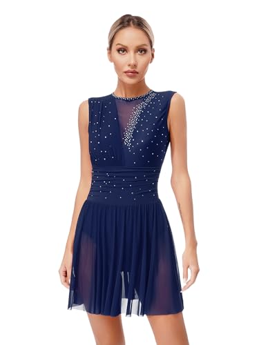 Sxiwei Damen Glitzer Tanzkleid Eiskunstlauf Kleider Ärmellose Ballet Trikot Mit Strass Ballettanzug Wettbewerb Performance Bekleidung Navy blau M von Sxiwei