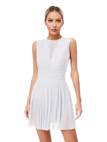 Sxiwei Damen Glitzer Tanzkleid Eiskunstlauf Kleider Ärmellose Ballet Trikot Mit Strass Ballettanzug Wettbewerb Performance Bekleidung Weiß XXL von Sxiwei