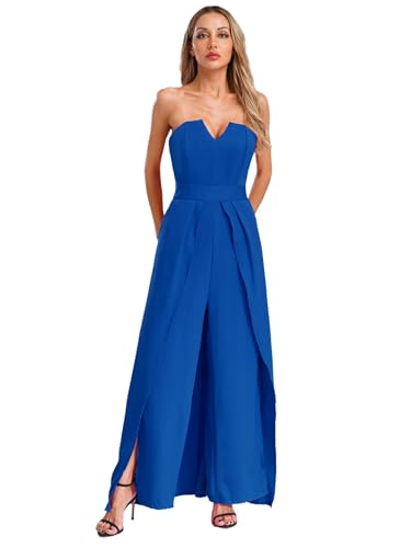 Sxiwei Damen Jumpsuit Hohe Taille Playsuit Elegant Breites Bein Hosenanzug Trägerlos Hochzeitsgäste Party Romper Blau M von Sxiwei