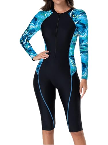 Sxiwei Einteiliger Badeanzug mit Langen Ärmeln für Damen Bedruckt Surfanzug Rashguard Bademode Schwimmanzug Blau B XXL von Sxiwei