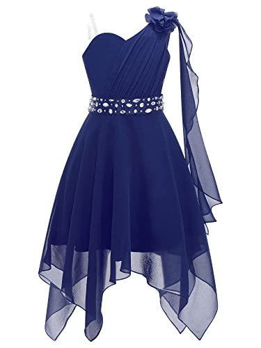 Sxiwei Elegante Kleid Mädchen Festlich Blumenmädchenkleid Eine Schulter Strass Chiffon Brautjungfer Partykleid Prinzessin Hochzeit Kostüm Navy blau 170-176 von Sxiwei