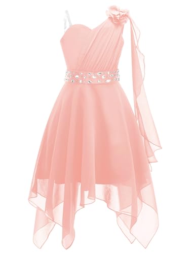 Sxiwei Elegante Kleid Mädchen Festlich Blumenmädchenkleid Eine Schulter Strass Chiffon Brautjungfer Partykleid Prinzessin Hochzeit Kostüm Rosa 158-164 von Sxiwei