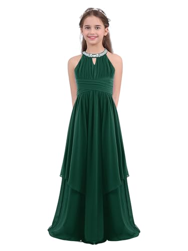 Sxiwei Elegante Mädchen Kleid Festlich Chiffon ärmellos Prinzessinkleid Halter A-Linie Blumenmädchen Kleid Lang Abendkleid Festzug Armeegrün 158-164 von Sxiwei