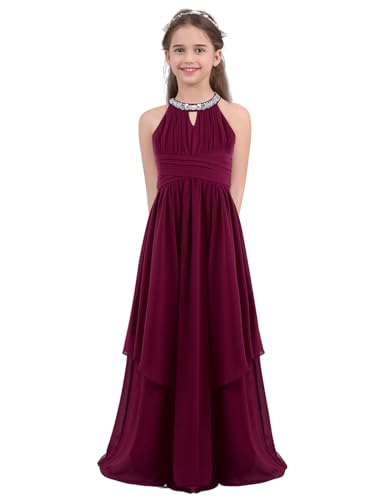 Sxiwei Elegante Mädchen Kleid Festlich Chiffon ärmellos Prinzessinkleid Halter A-Linie Blumenmädchen Kleid Lang Abendkleid Festzug Burgundy 122-128 von Sxiwei