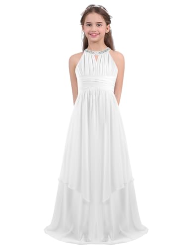 Sxiwei Elegante Mädchen Kleid Festlich Chiffon ärmellos Prinzessinkleid Halter A-Linie Blumenmädchen Kleid Lang Abendkleid Festzug Elfenbein 158-164 von Sxiwei