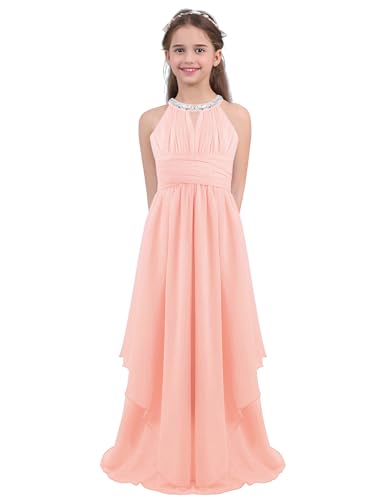 Sxiwei Elegante Mädchen Kleid Festlich Chiffon ärmellos Prinzessinkleid Halter A-Linie Blumenmädchen Kleid Lang Abendkleid Festzug Hell-Pink 122-128 von Sxiwei