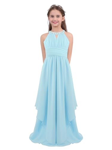Sxiwei Elegante Mädchen Kleid Festlich Chiffon ärmellos Prinzessinkleid Halter A-Linie Blumenmädchen Kleid Lang Abendkleid Festzug Hellblau 134-140 von Sxiwei