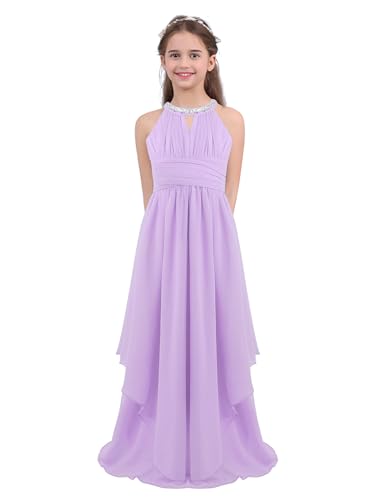 Sxiwei Elegante Mädchen Kleid Festlich Chiffon ärmellos Prinzessinkleid Halter A-Linie Blumenmädchen Kleid Lang Abendkleid Festzug Lavendel 158-164 von Sxiwei