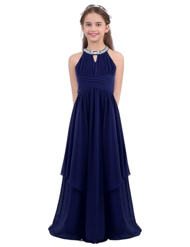 Sxiwei Elegante Mädchen Kleid Festlich Chiffon ärmellos Prinzessinkleid Halter A-Linie Blumenmädchen Kleid Lang Abendkleid Festzug Marineblau 158-164 von Sxiwei