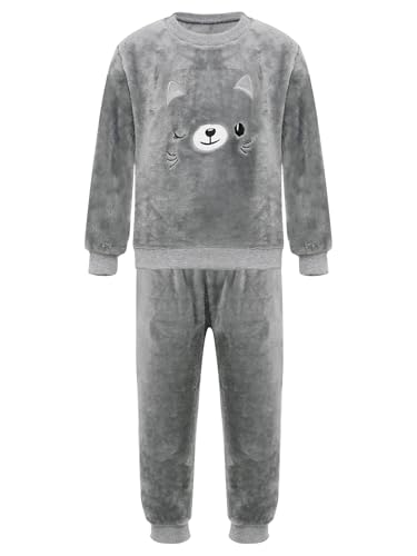 Sxiwei Flanell Schlafanzug Kinder Jungen Mädchen Katze/Dinosaurier Druck Langarm Pullover Oberteile mit Hose Set Hauskleidung Graue Katze 122-128 von Sxiwei