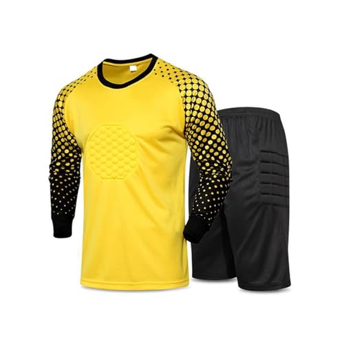 Sxiwei Fussball Trikot Kinder Set Für Jungen Langarm Torwartshirt +Kurz Torwarthose Gepolstert Tormann Trikot Trainingsanzug Gelb 146-152 von Sxiwei