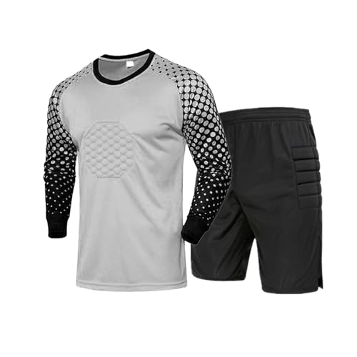 Sxiwei Fussball Trikot Kinder Set Für Jungen Langarm Torwartshirt +Kurz Torwarthose Gepolstert Tormann Trikot Trainingsanzug Grau 146-152 von Sxiwei