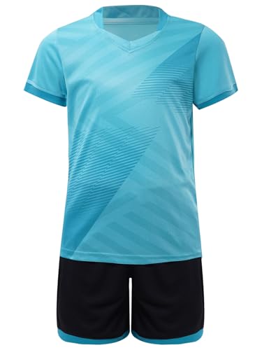 Sxiwei Fussball Trikot Set Kinder Jungen 2 Teiliges Training Uniform Schnell trocknend T-Shirt mit Kordelzug Shorts Trainingsanzug Himmelblau 158-164 von Sxiwei