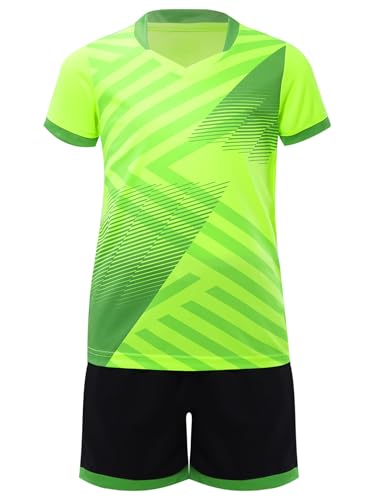 Sxiwei Fussball Trikot Set Kinder Jungen 2 Teiliges Training Uniform Schnell trocknend T-Shirt mit Kordelzug Shorts Trainingsanzug Leuchtendes Grün 170 von Sxiwei