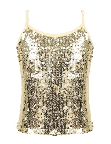 Sxiwei Glitzer Shirt Mädchen Pailletten Unterhemd Tank Top Spaghetti-Träger Shirts Camisole Trägertop Jazz Dance Kurz Bauchfrei Tanz Kostüm Gold 146-152 von Sxiwei
