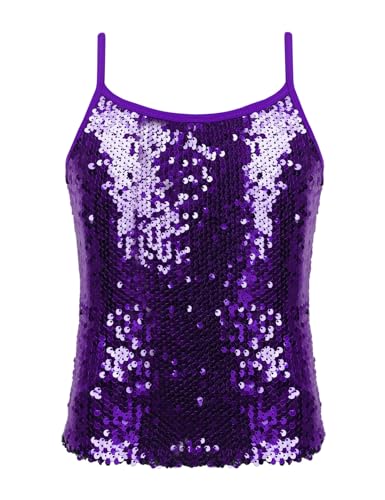 Sxiwei Glitzer Shirt Mädchen Pailletten Unterhemd Tank Top Spaghetti-Träger Shirts Camisole Trägertop Jazz Dance Kurz Bauchfrei Tanz Kostüm Violett 146-152 von Sxiwei