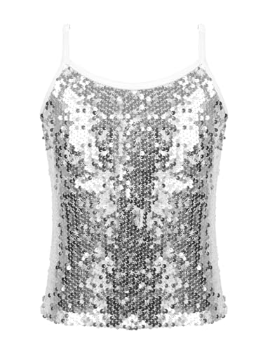 Sxiwei Glitzer Shirt Mädchen Pailletten Unterhemd Tank Top Spaghetti-Träger Shirts Camisole Trägertop Jazz Dance Kurz Bauchfrei Tanz Kostüm Weiß 122-128 von Sxiwei