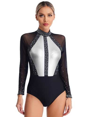 Sxiwei Gymnastikanzug Damen Langarm Glitzer Mesh Gymnastik Leotard Einteiliger Ballettbody Skating Tanz-Body Wettbewerb Tanzkostüm Dunkelgrau S von Sxiwei