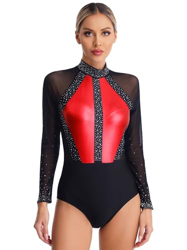 Sxiwei Gymnastikanzug Damen Langarm Glitzer Mesh Gymnastik Leotard Einteiliger Ballettbody Skating Tanz-Body Wettbewerb Tanzkostüm Rot S von Sxiwei
