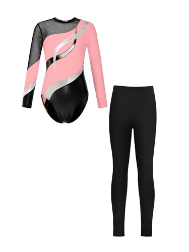 Sxiwei Gymnastikanzug Mädchen Langarm Glänzend Ballettanzug Tanz Trikot mit Gymnastikhose Leggings Sport Tanzoutfit Pink Schwarz 146-152 von Sxiwei
