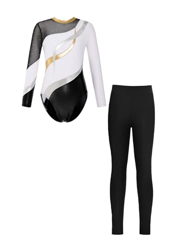 Sxiwei Gymnastikanzug Mädchen Langarm Glänzend Ballettanzug Tanz Trikot mit Gymnastikhose Leggings Sport Tanzoutfit Weiß schwarz 134-140 von Sxiwei